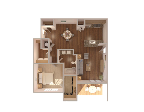 Floor plan for 1 bed, 1 bath, 889 sqft